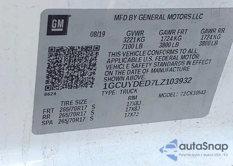 2020 Chevrolet Silverado 1500 4Wd Short Bed Lt z USA, uszkodzony, nr VIN 1GCUYDED7LZ103932